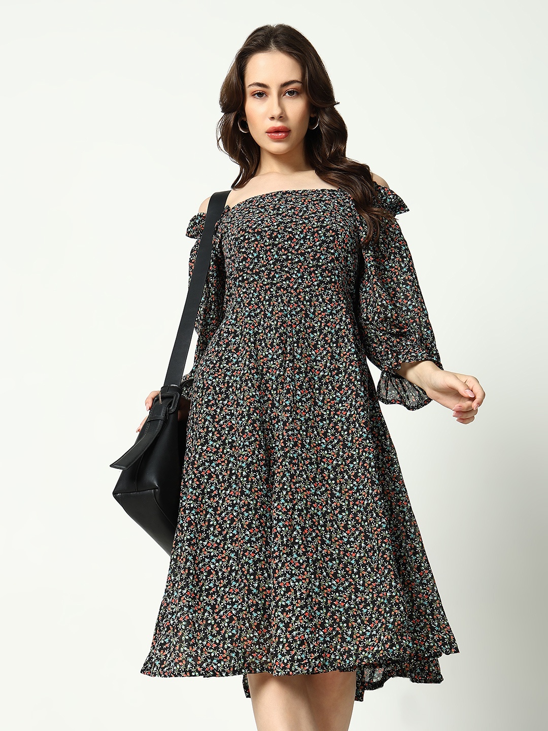 

SHOWOFF Floral Printed Fit& Flare Dress, Black