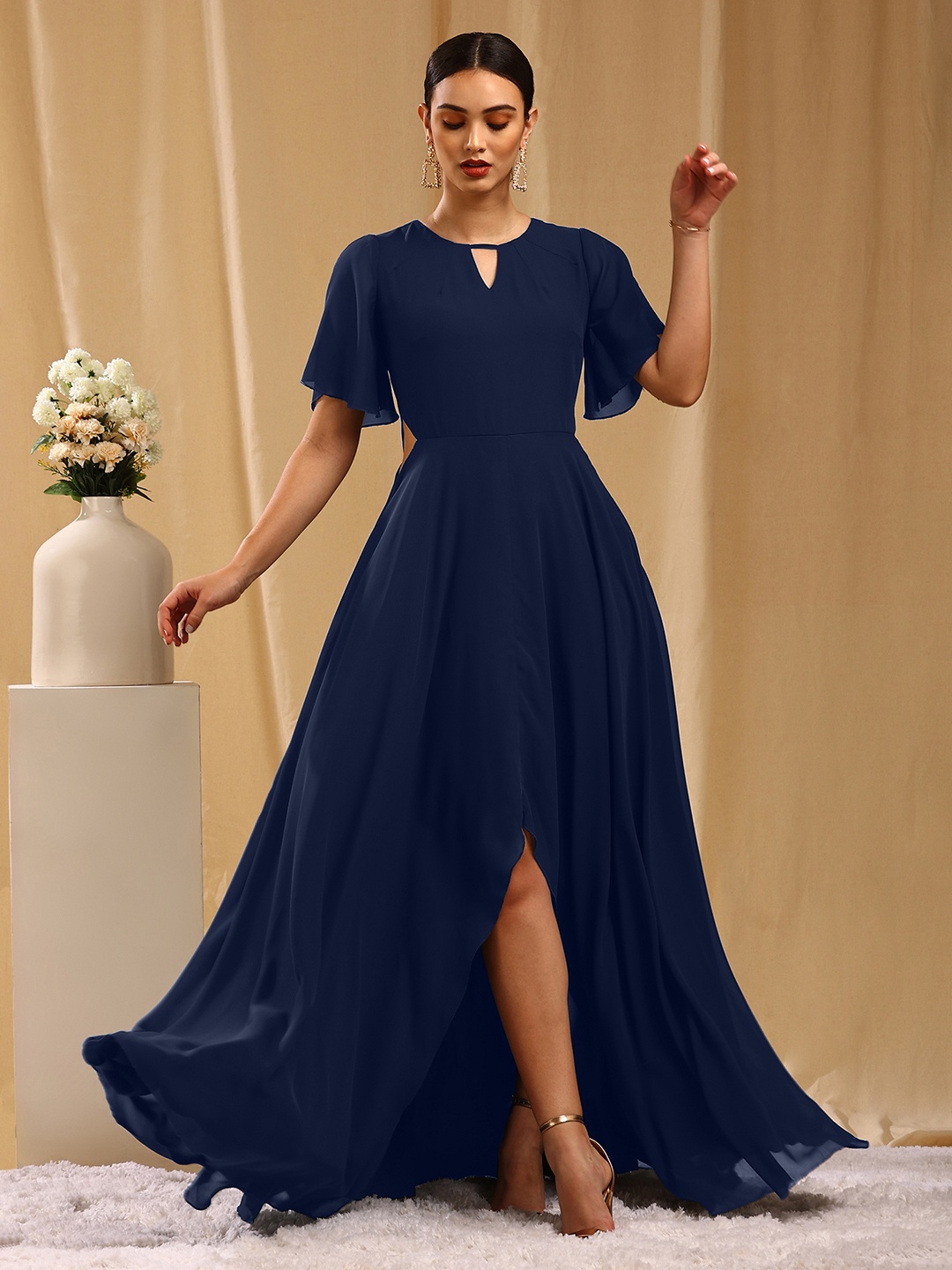 

TRENDY DIVVA Keyhole Neck Slit Waist Maxi Dress, Navy blue