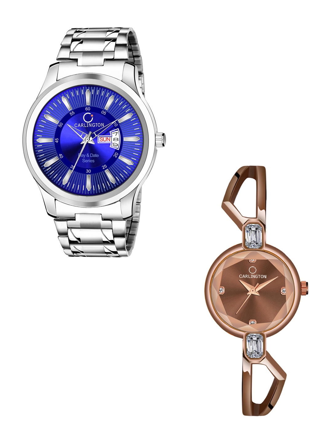 

CARLINGTON Unisex Pack of 2 Stainless Steel Bracelet Style Straps Analogue Watch Combo G01, Blue