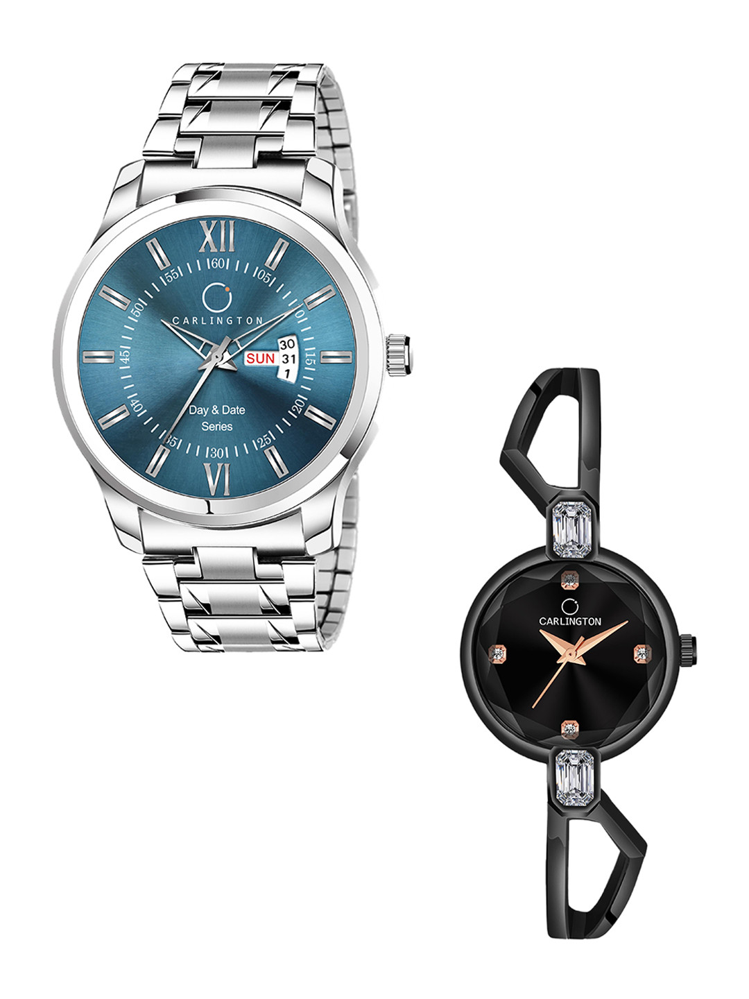 

CARLINGTON Unisex Pack of 2 Stainless Steel Bracelet Style Straps Analogue Watch Combo G01, Blue