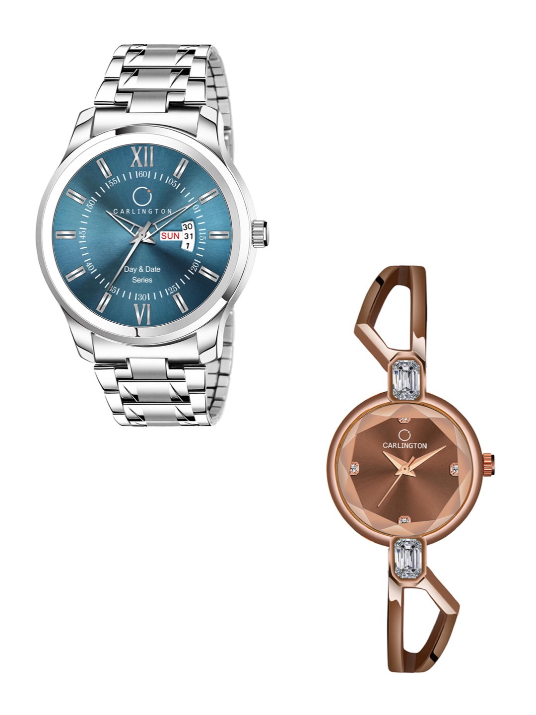 

CARLINGTON Unisex Pack of 2 Stainless Steel Bracelet Style Straps Analogue Watch Combo G01, Blue