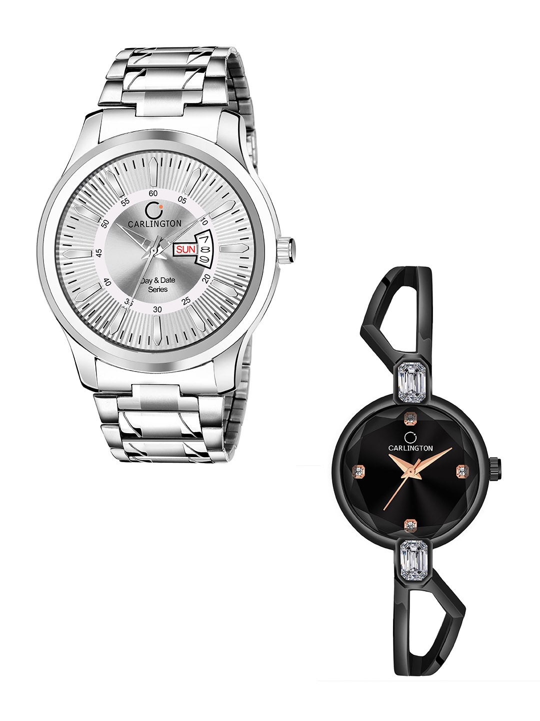 

CARLINGTON Unisex Pack of 2 Stainless Steel Bracelet Style Straps Analogue Watch Combo G01, Silver