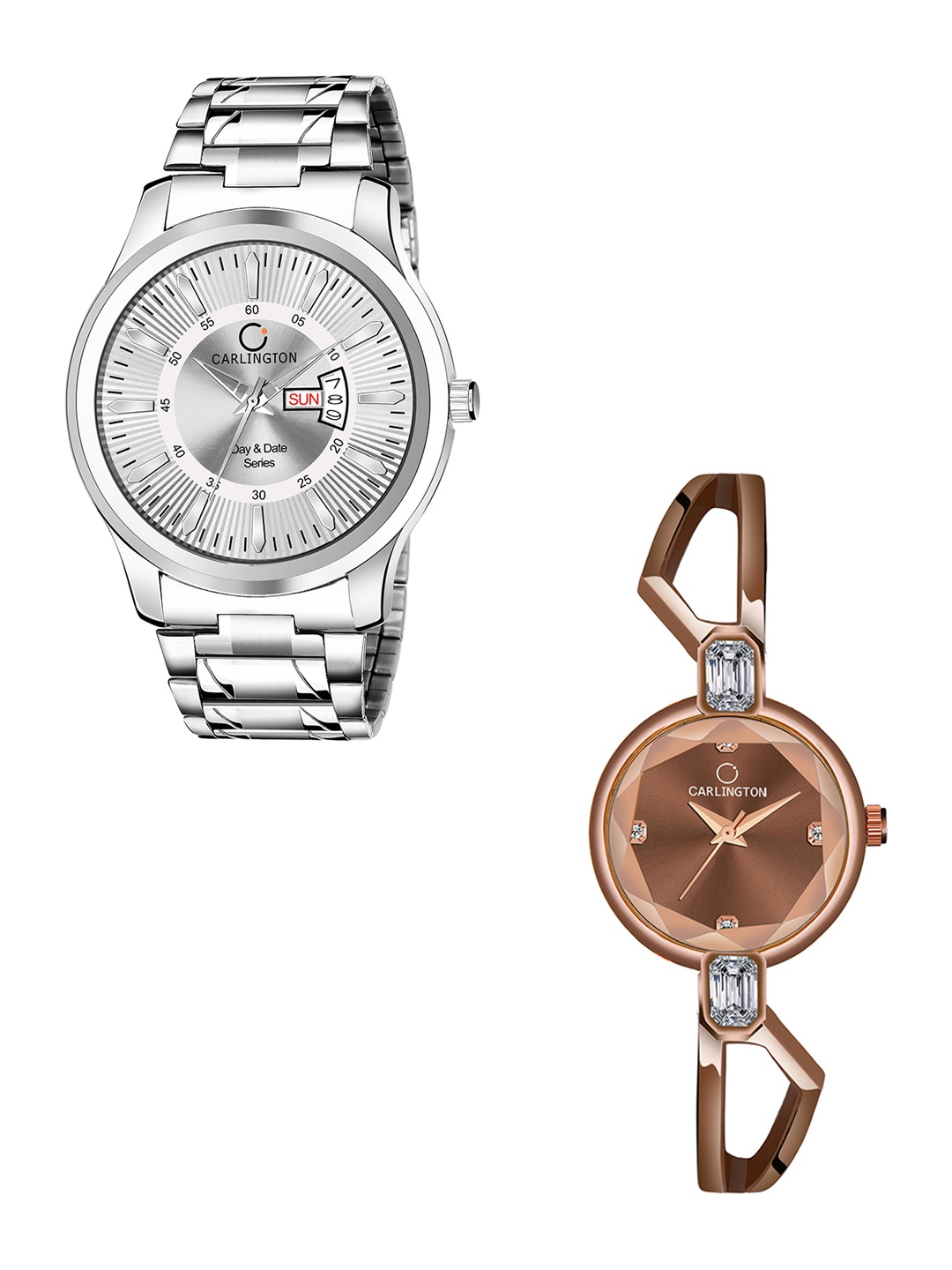 

CARLINGTON Unisex Pack of 2 Stainless Steel Bracelet Style Straps Analogue Watch Combo G01, Silver