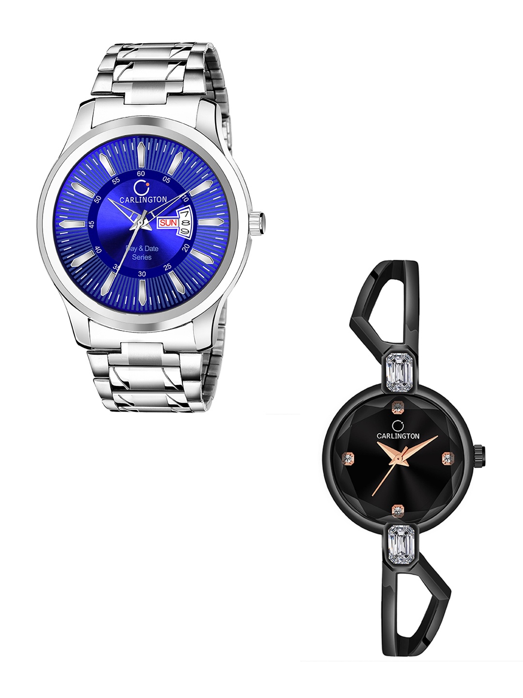 

CARLINGTON Unisex Pack of 2 Stainless Steel Bracelet Style Straps Analogue Watch Combo G01, Blue