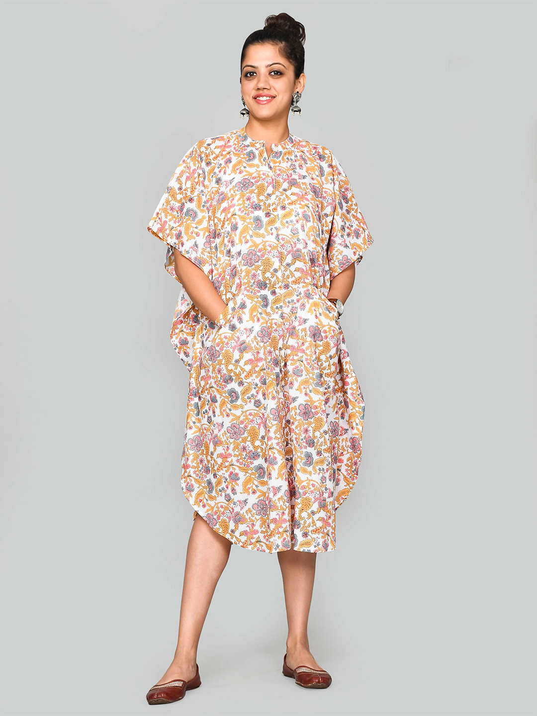 

SHOOLIN Floral Printed Organic Cotton Kaftan Midi Dress, Yellow