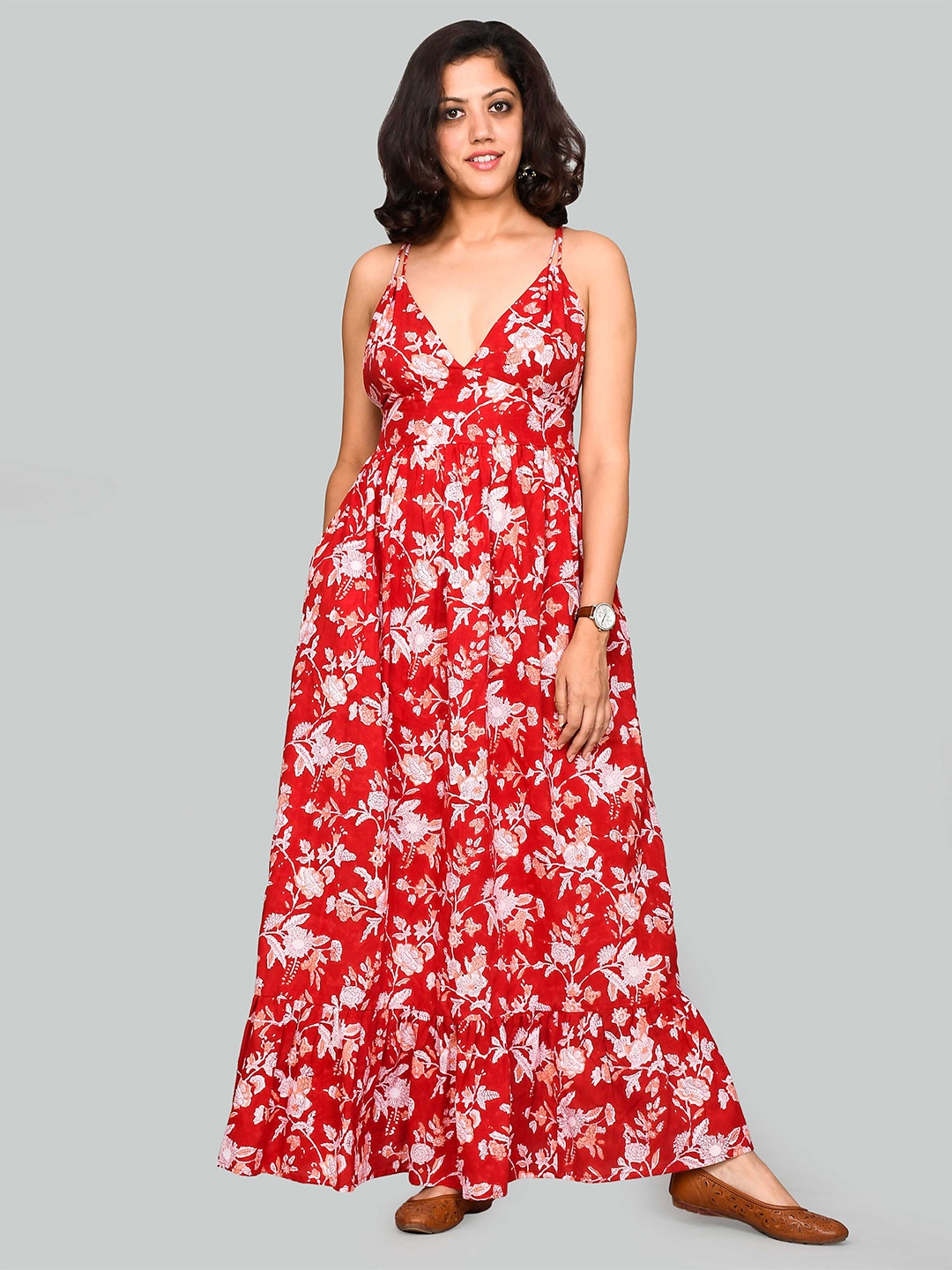 

SHOOLIN Floral Printed Organic Cotton Maxi Dress, Red