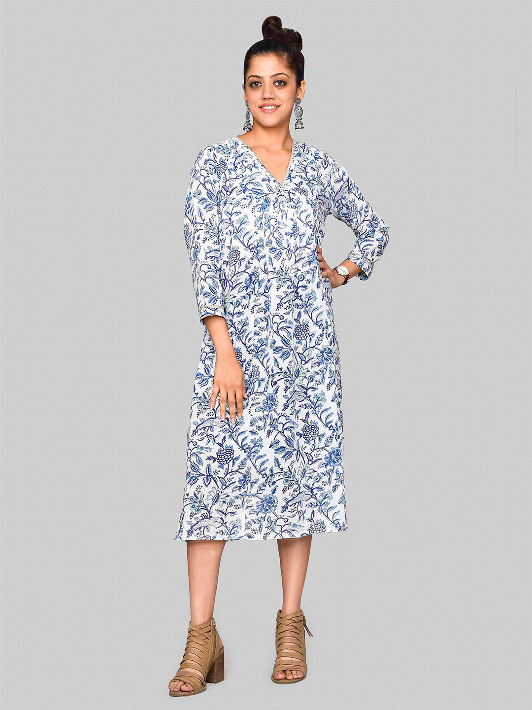 

SHOOLIN Floral Printed Organic Cotton A-Line Midi Dress, White
