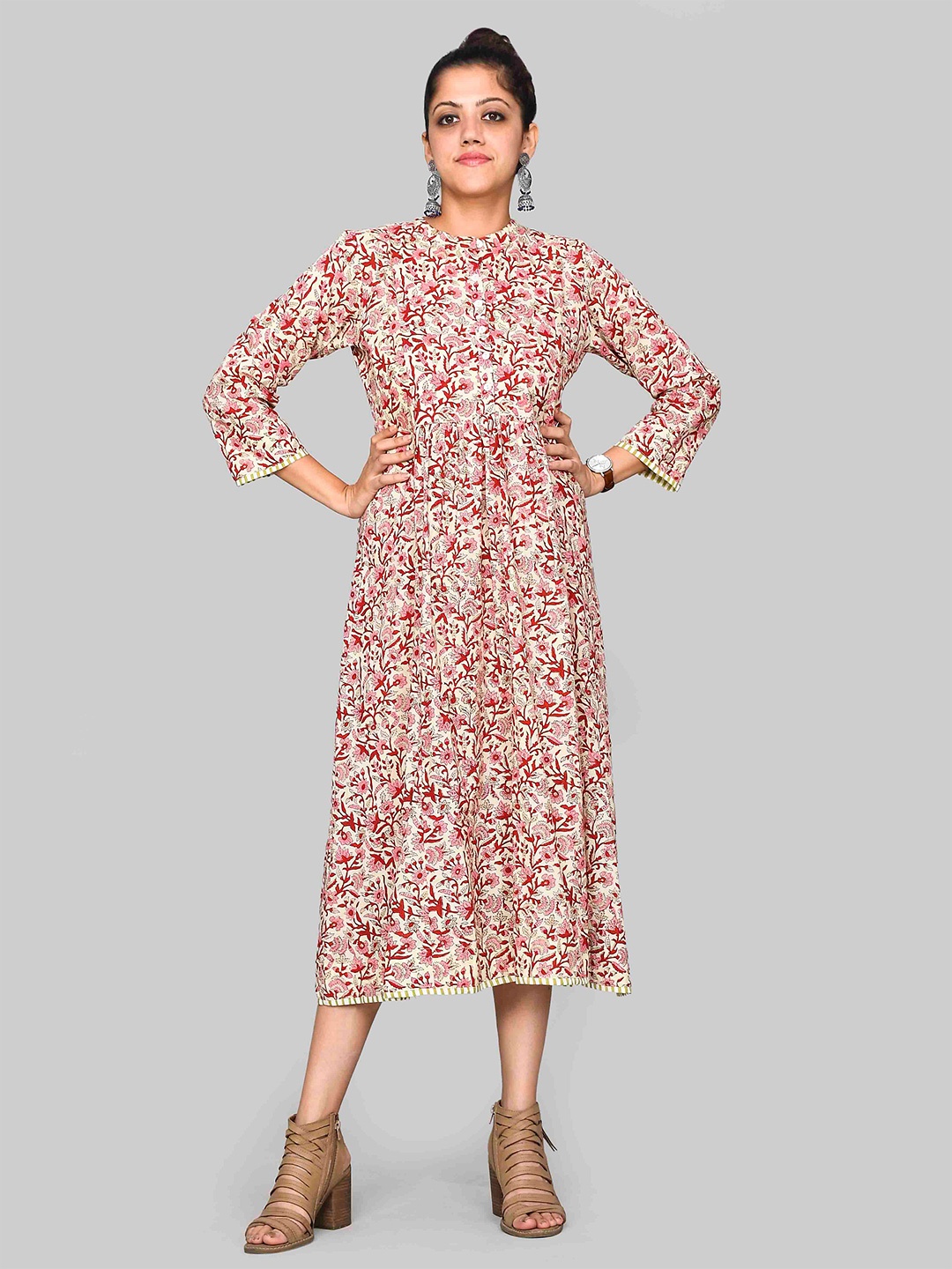 

SHOOLIN Printed Floral Organic Cotton Midi Dress, Beige