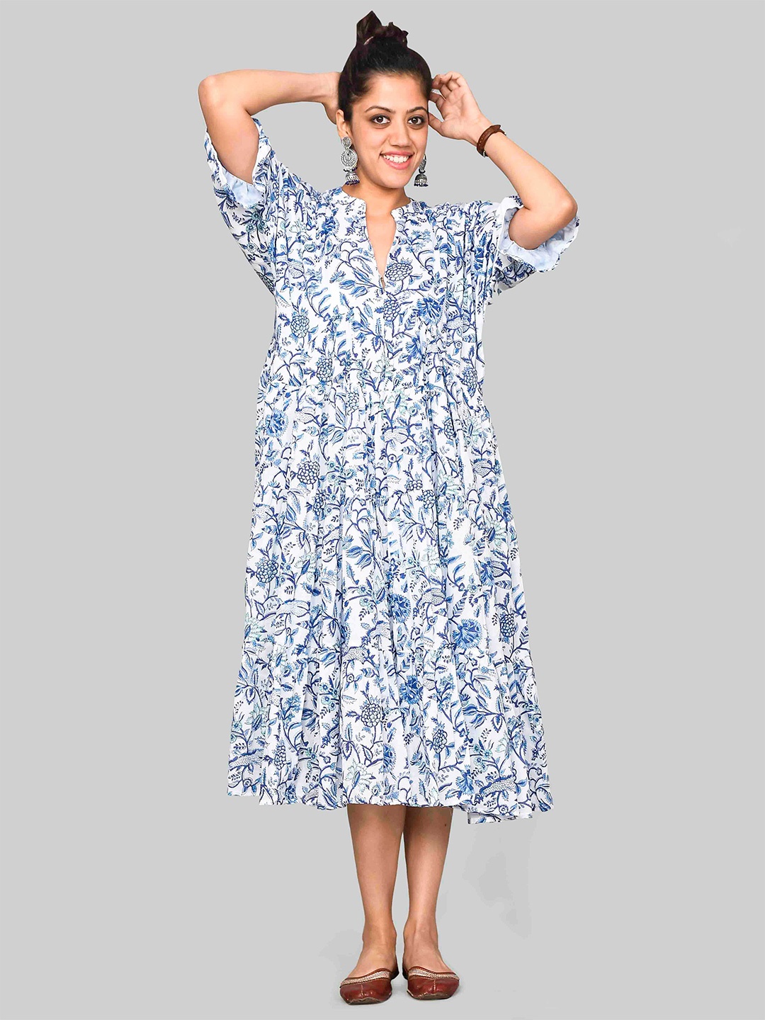 

SHOOLIN Floral Printed Organic Cotton A-Line Midi Dress, Blue