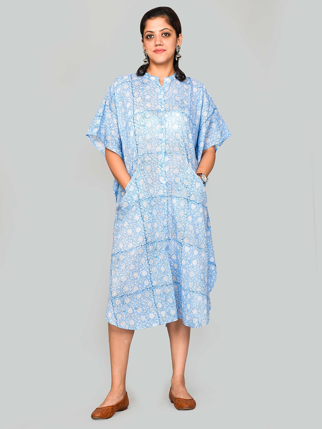 

SHOOLIN Floral Printed Organic Cotton Kaftan Midi Dress, Blue