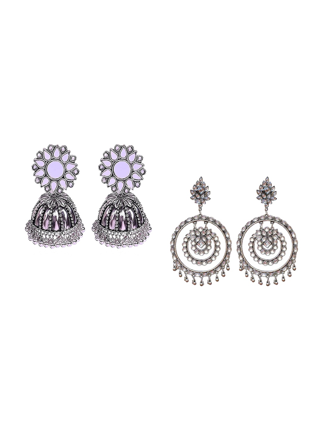 

Krelin Set Of 2 Dome Shaped Jhumkas & Chandbali Earrings, Silver