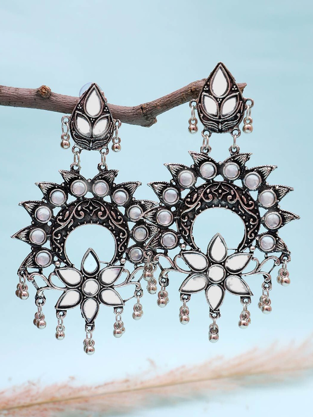 

Krelin Silver-Toned Crescent Shaped Oxidised Jhumkas Earrings