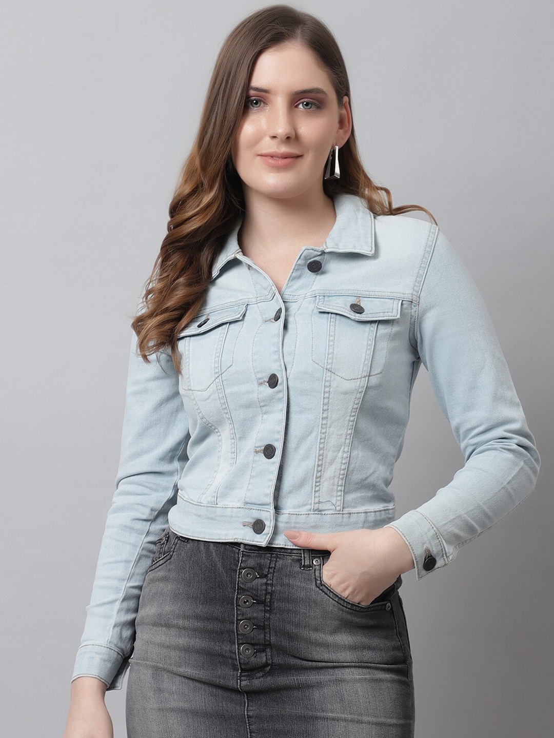 

NoBarr Women Solid Crop Denim Jacket, Blue