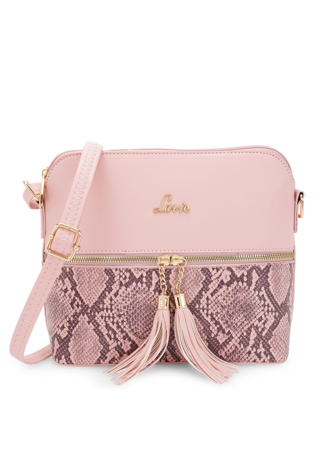 

Lavie Animal Textured Structured Sling Bag with Tasselled, Pink