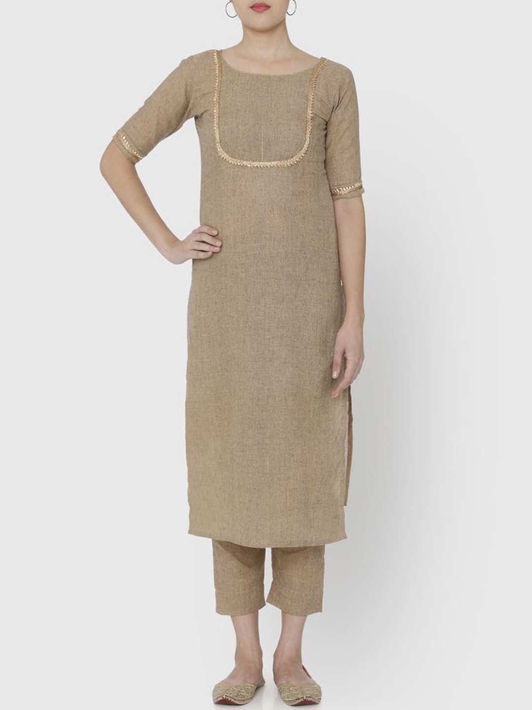

SHADES Women Gotta Patti Pure Cotton Kurta With Trousers, Brown