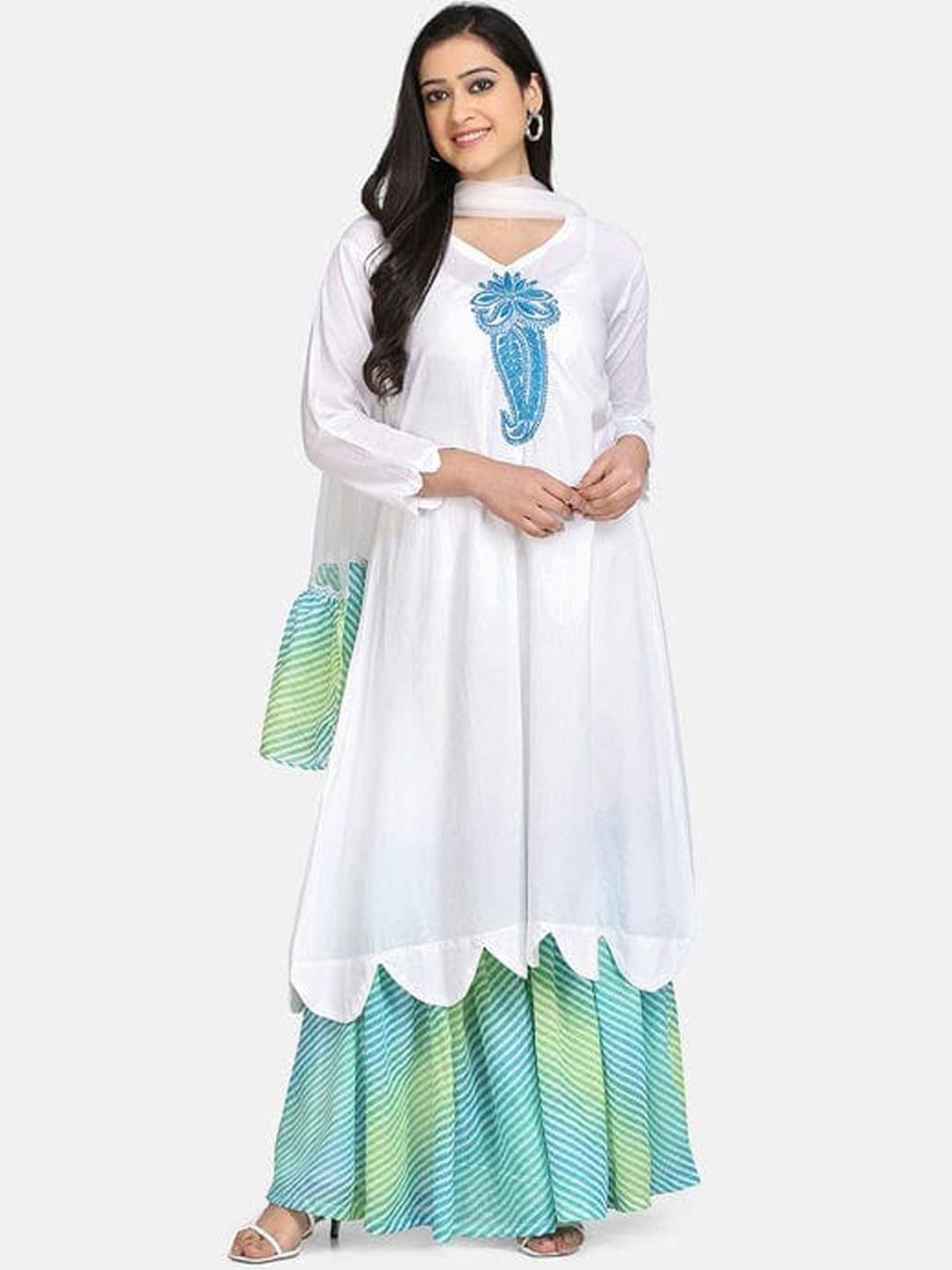 

SHADES Women Floral Thread Work Pure Cotton Kurta With Sharara & Dupatta, White