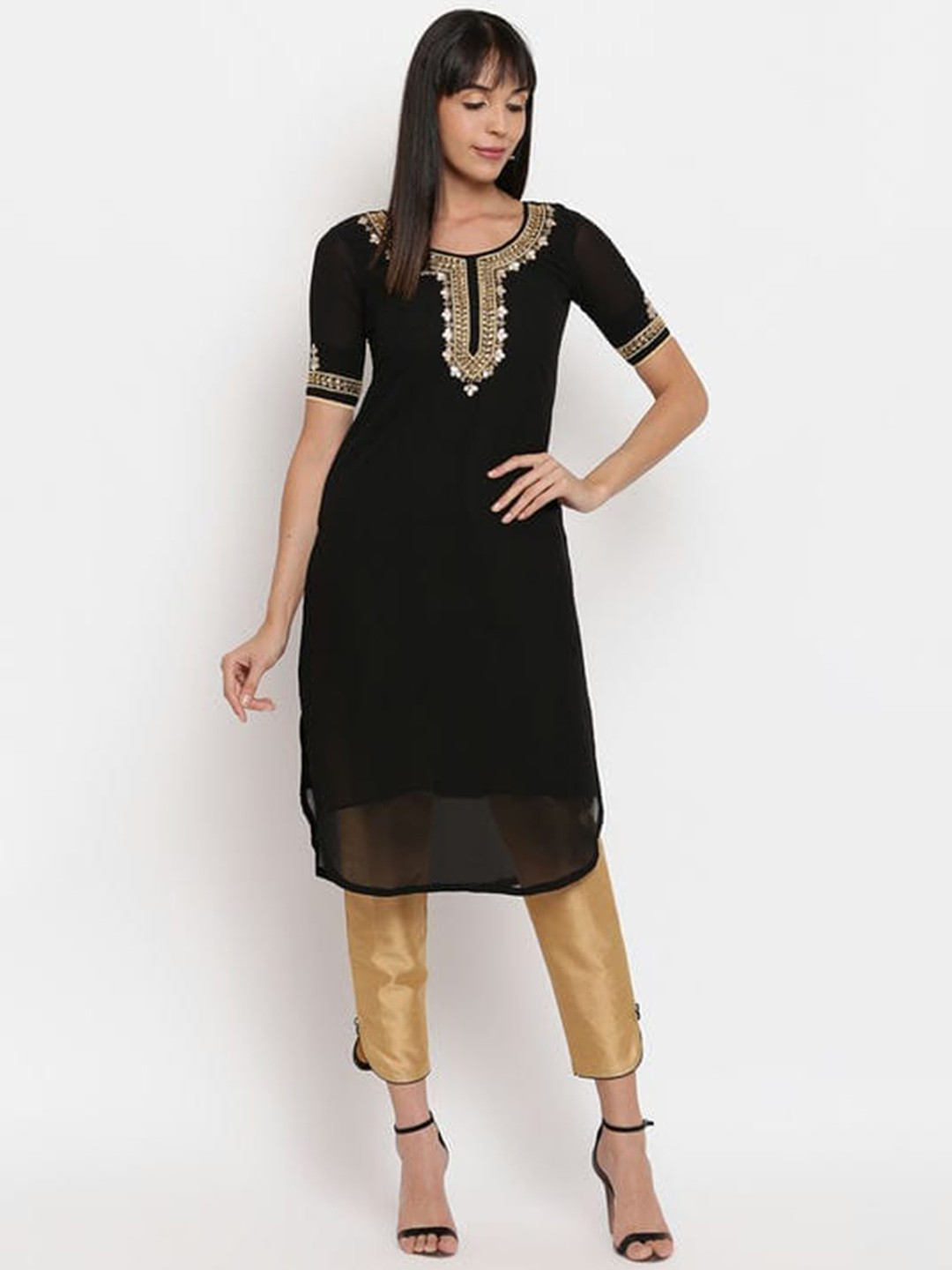 

SHADES Embroidered Silk Georgette Kurta with Trousers, Black