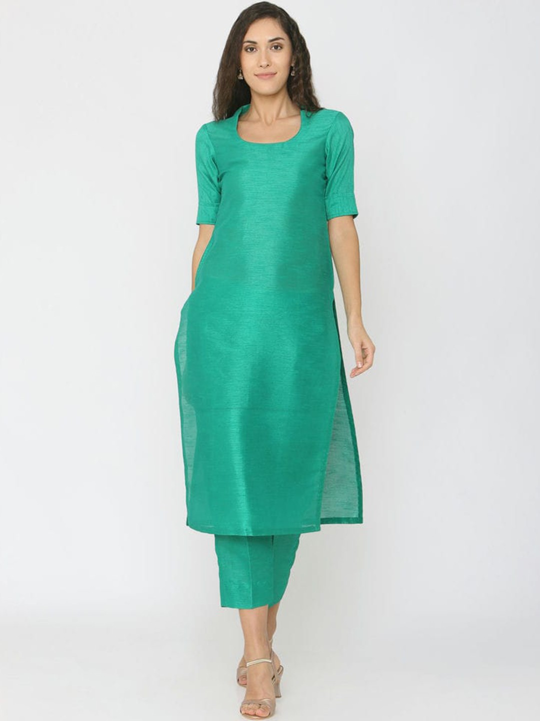 

SHADES Pure Silk Kurta with Trousers, Green