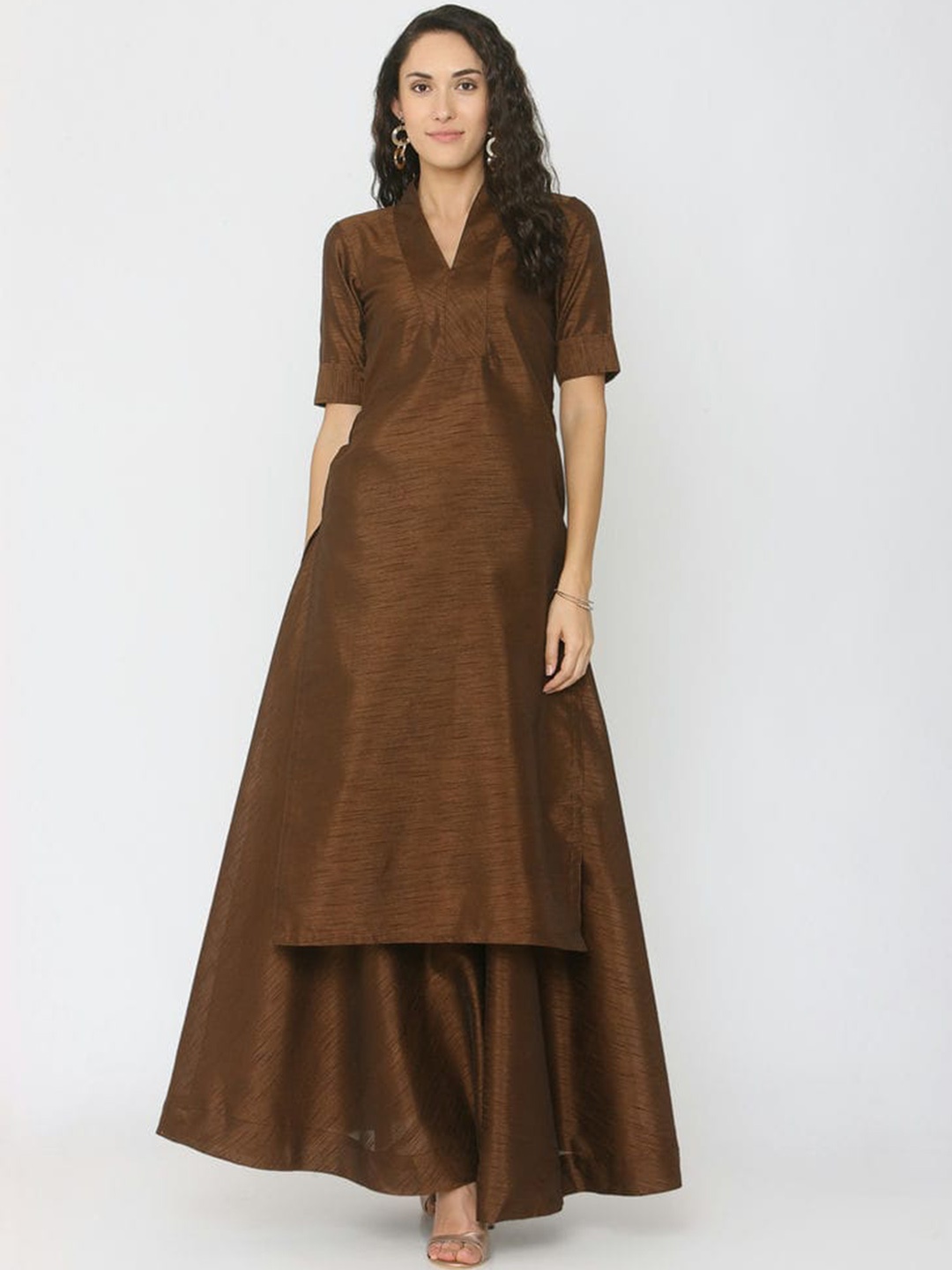 

SHADES Pure Silk Kurti with Skirt, Brown