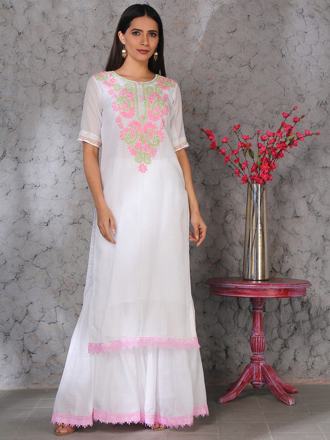 

SHADES Women White Ethnic Motifs Embroidered Thread Work Pure Cotton Kurta with Sharara & With Dupatta
