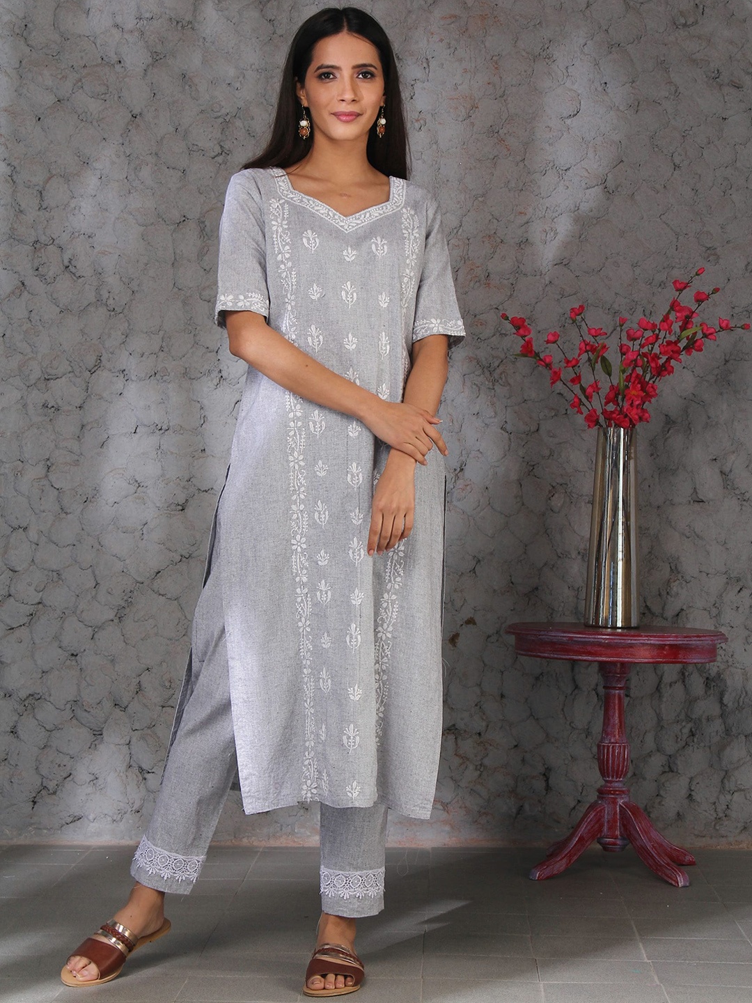 

SHADES Women Grey Embroidered Thread Work Kurta with Trousers & With Dupatta