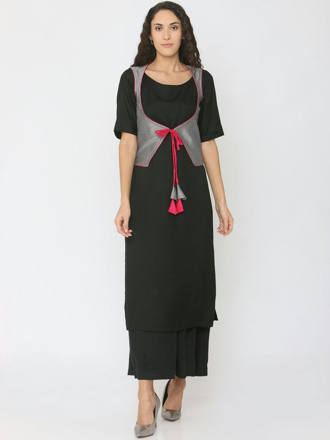 

SHADES Pure Cotton Kurta with Palazzos, Black