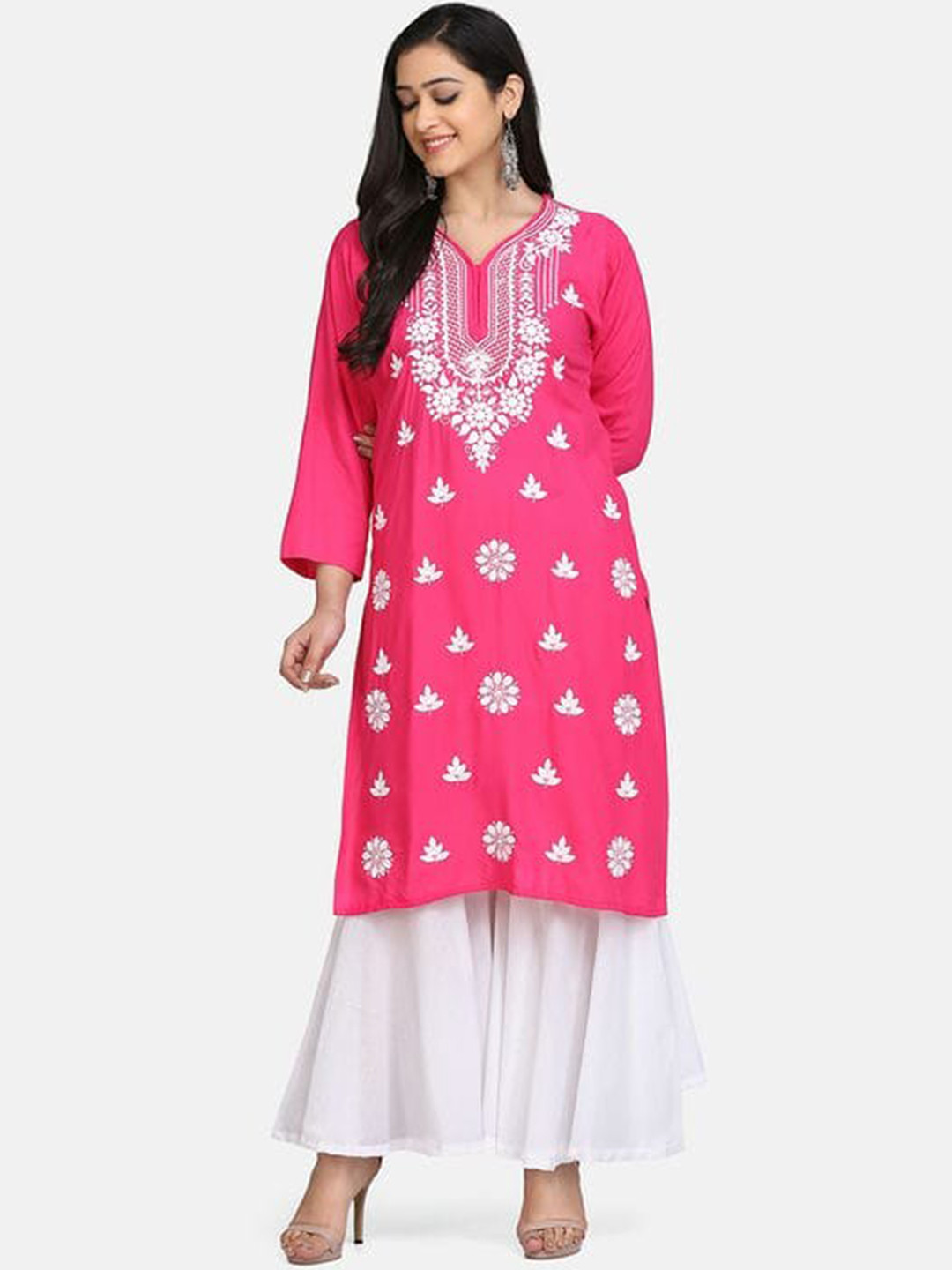 

SHADES Ethnic Motifs Embroidered Thread Work Kurta with Sharara, Pink