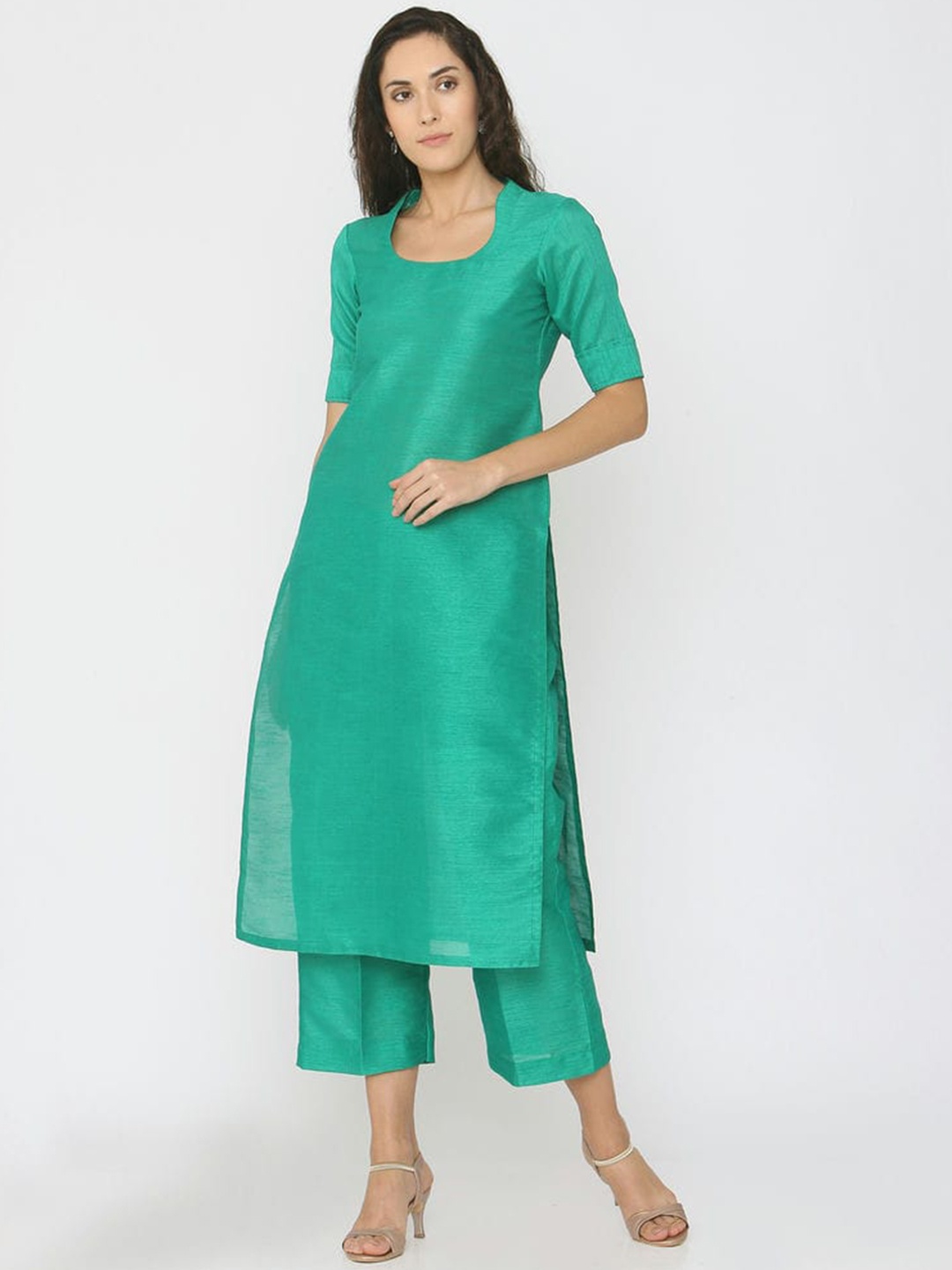 

SHADES Pure Silk Kurta with Palazzos, Green