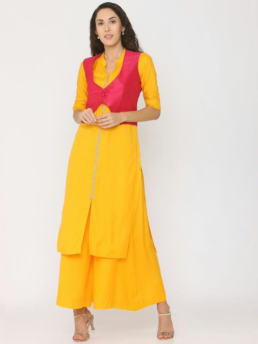 

SHADES Pure Silk A-Line Kurta with Palazzos, Yellow