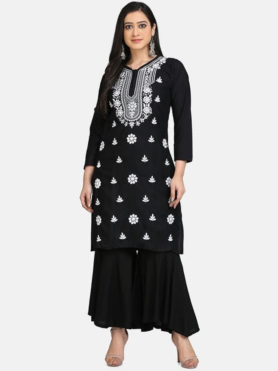 

SHADES Floral Embroidered Chikankari A-Line Kurta with Sharara, Black