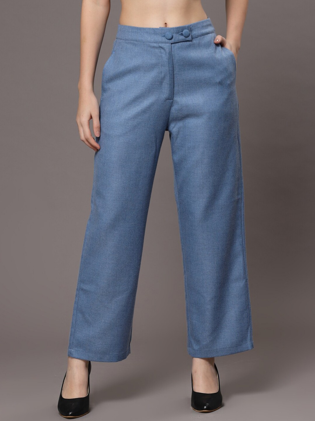 

KASSUALLY Straight Fit High-Rise Easy Wash Casual Trousers, Blue