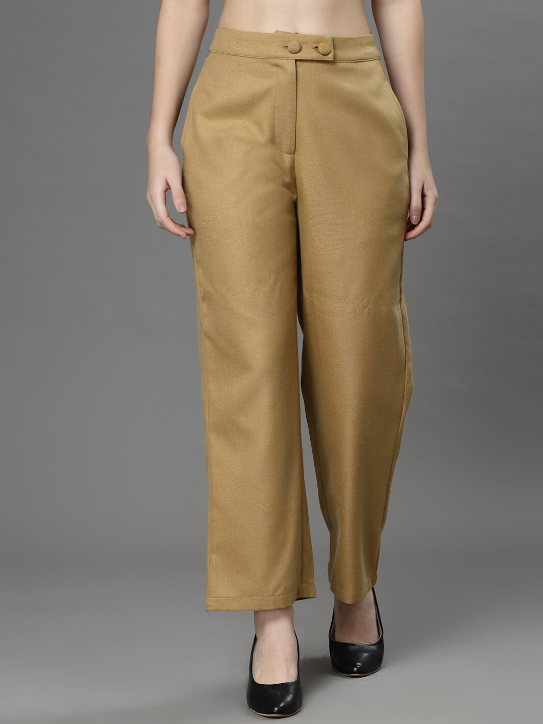 

KASSUALLY Straight Fit High-Rise Easy Wash Casual Trousers, Mustard