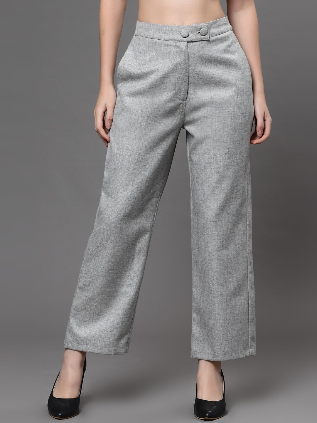 

KASSUALLY Straight Fit High-Rise Easy Wash Casual Trousers, Grey