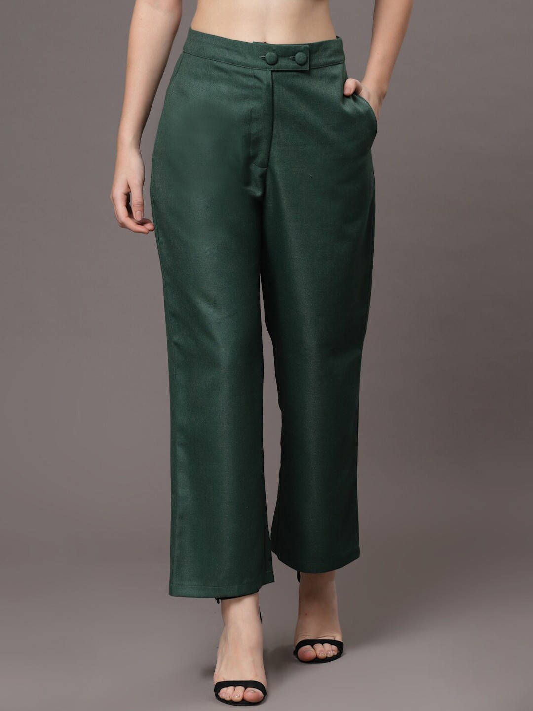 

KASSUALLY Straight Fit High-Rise Easy Wash Trousers, Green