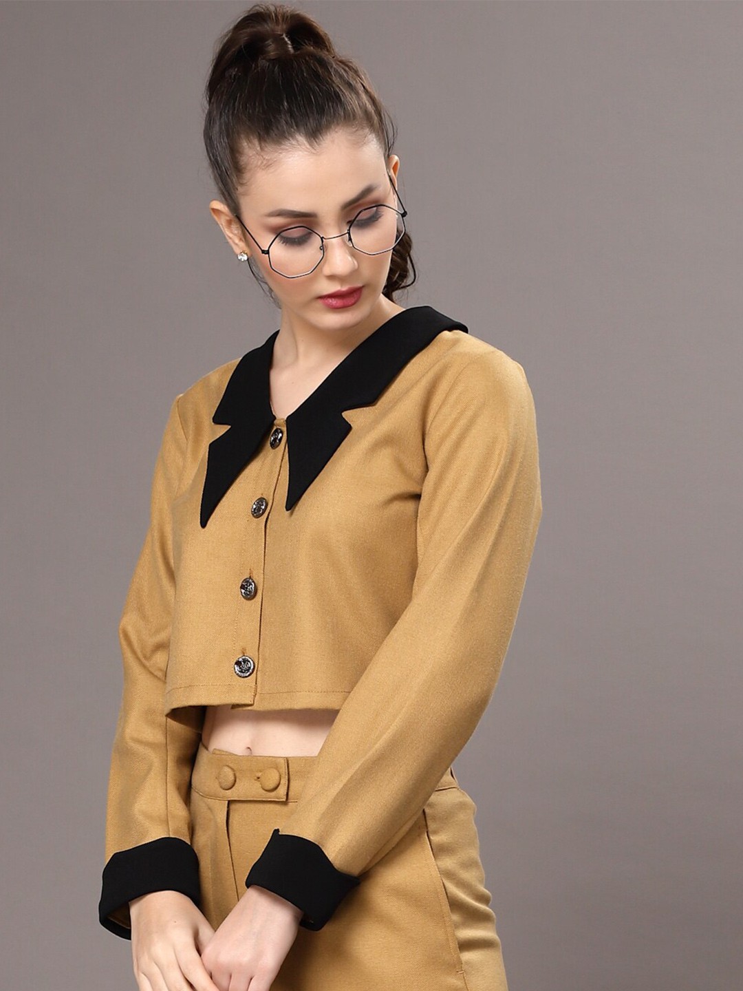 

KASSUALLY Long Sleeves Casual Crop Shirt, Mustard