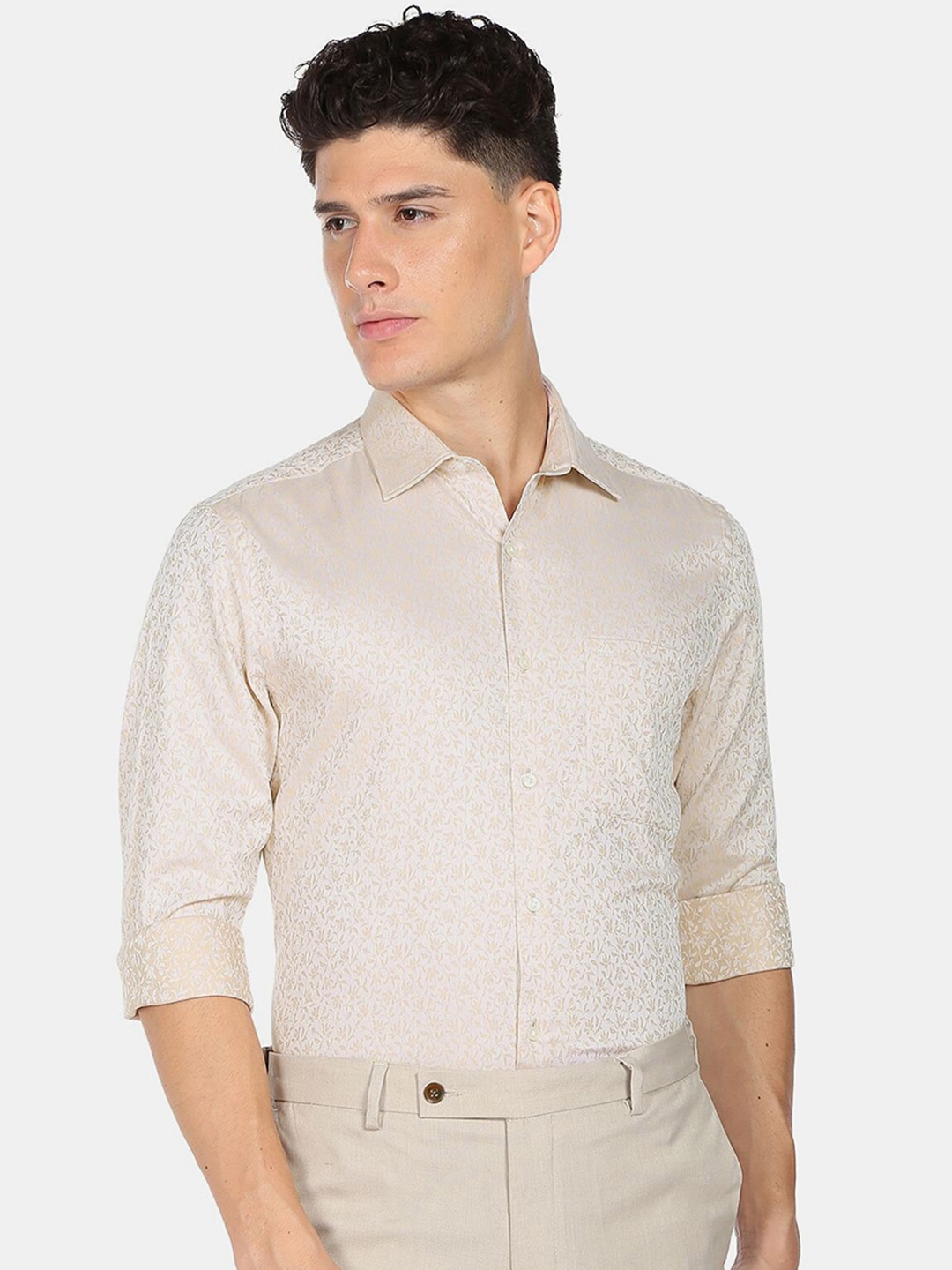 

Arrow Men Floral Printed Pure Cotton Formal Shirt, Beige