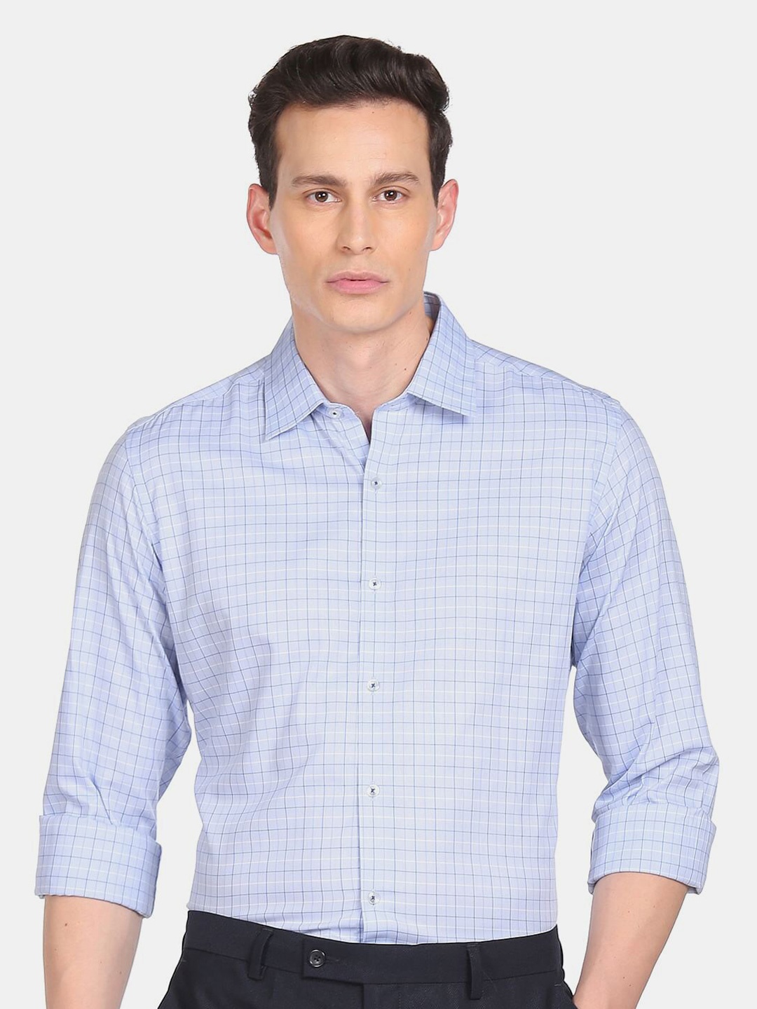 

Arrow Men Grid Tattersall Checks Pure Cotton Formal Shirt, Blue