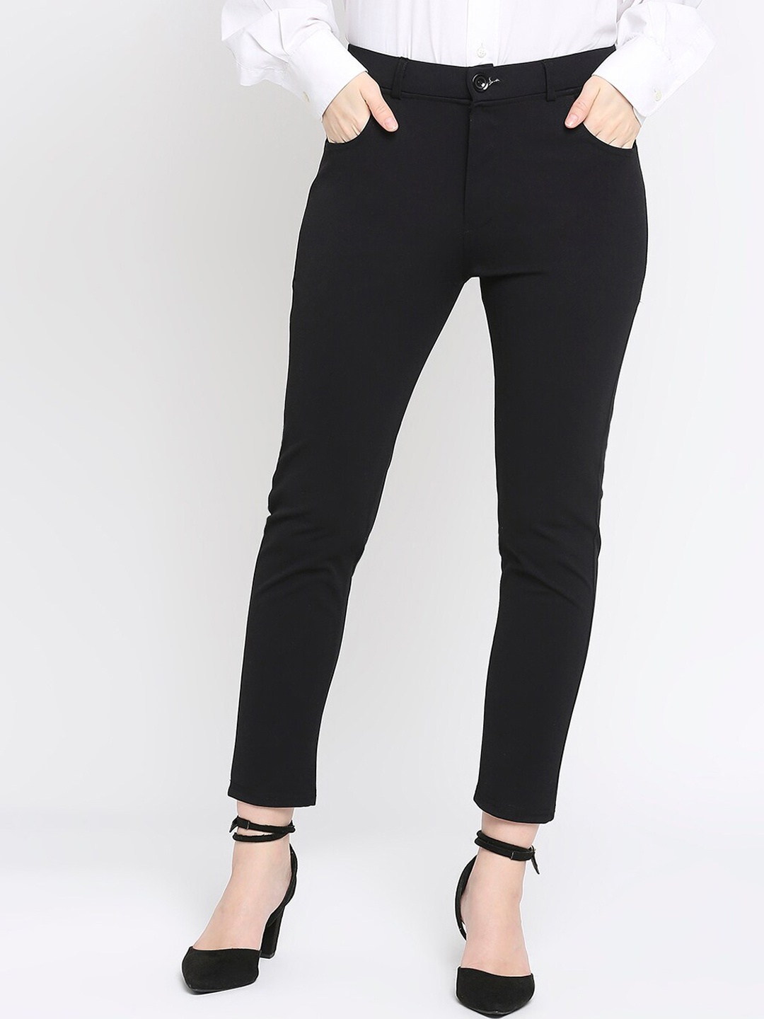 Smarty Pants Women Sharp Slim Fit High-Rise Lint Free Trousers, Black
