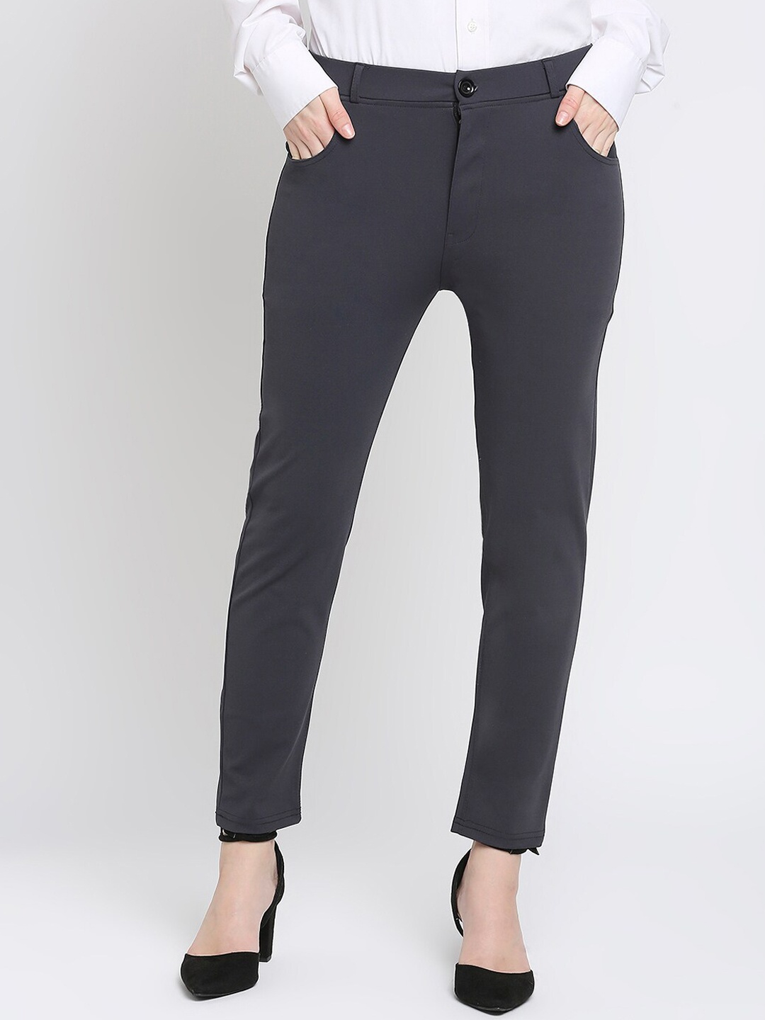 Smarty Pants Women Sharp Slim Fit High-Rise Lint Free Trousers, Grey