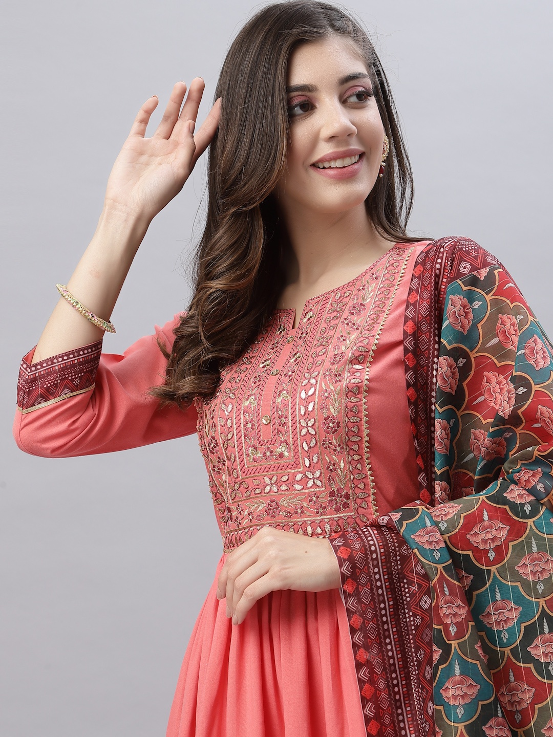 

SKYLEE Floral Embroidered Gotta Patti A-Line Kurta With Trousers & Dupatta, Peach