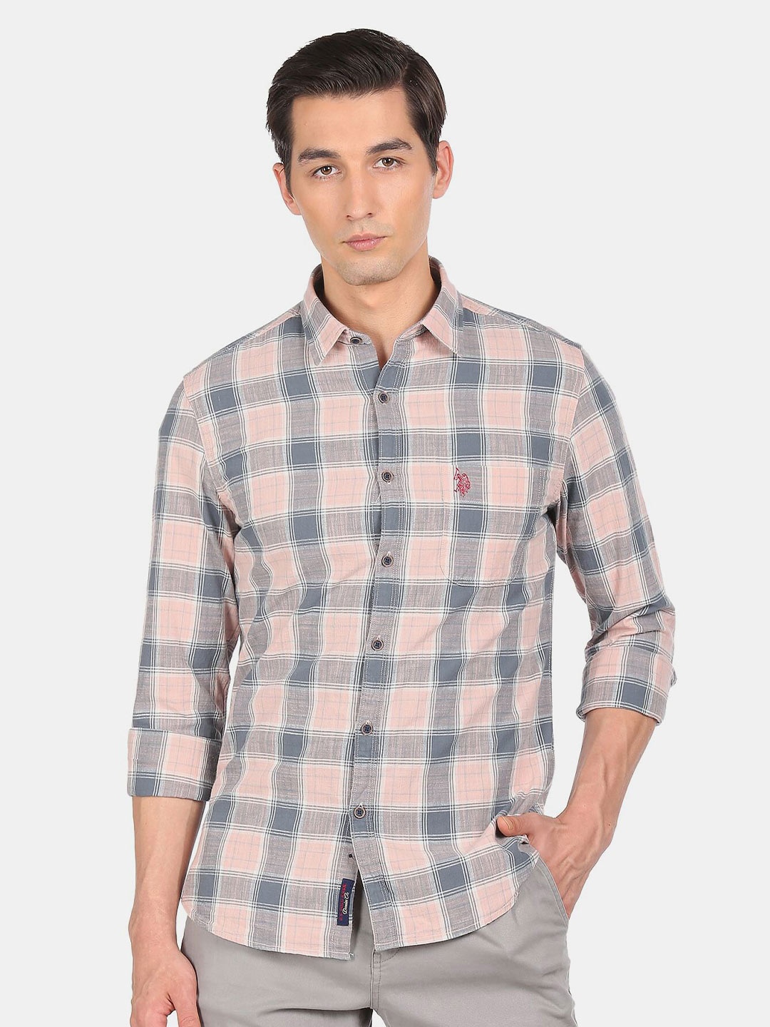 

U S Polo Assn Denim Co Men Checked Cotton Casual Shirt, Pink