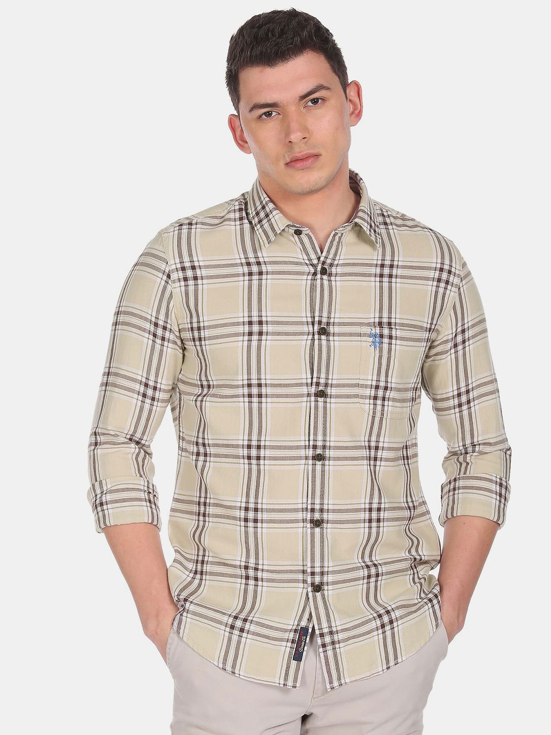 

U.S. Polo Assn. Denim Co. Men Checked Cotton Casual Shirt, Beige