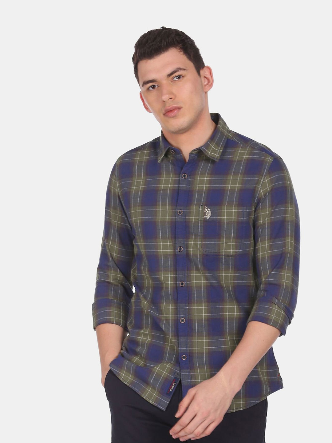 

U S Polo Assn Denim Co Men Tartan Checked Cotton Casual Shirt, Blue
