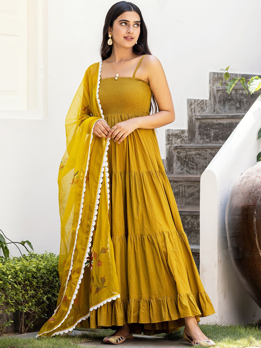 

Ambraee Shoulder Straps Cotton Anarkali Kurta, Mustard