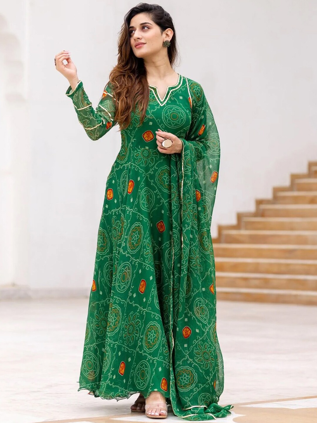 

Ambraee Women Green Bandhani Printed Gotta Patti Anarkali Kurta