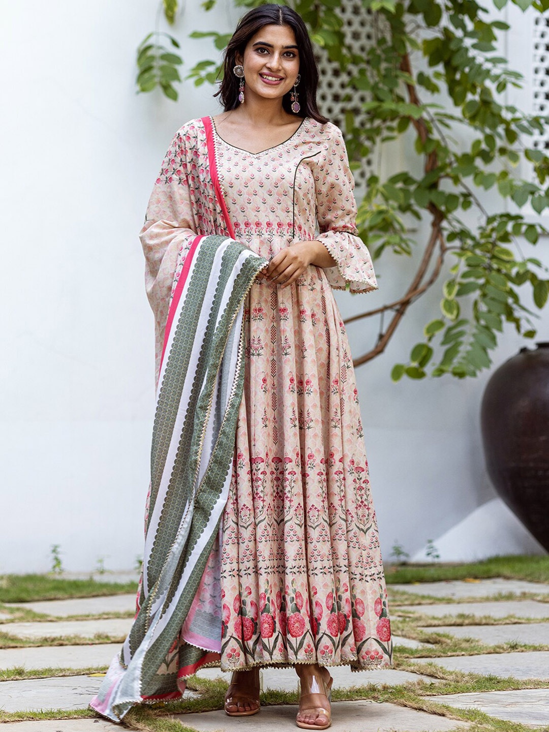 

Ambraee Floral Woven Design Bell Sleeves Anarkali Regular Fit Cotton Kurta, Beige