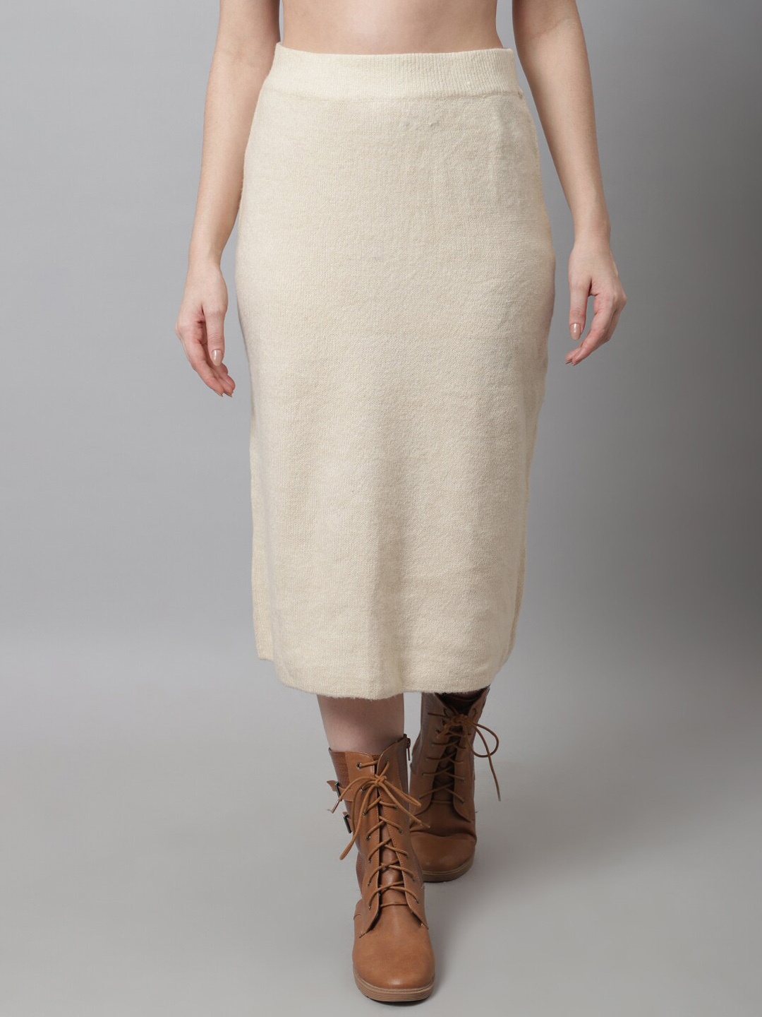 

NoBarr Women Knitted Pencil Knee length Skirt, Cream