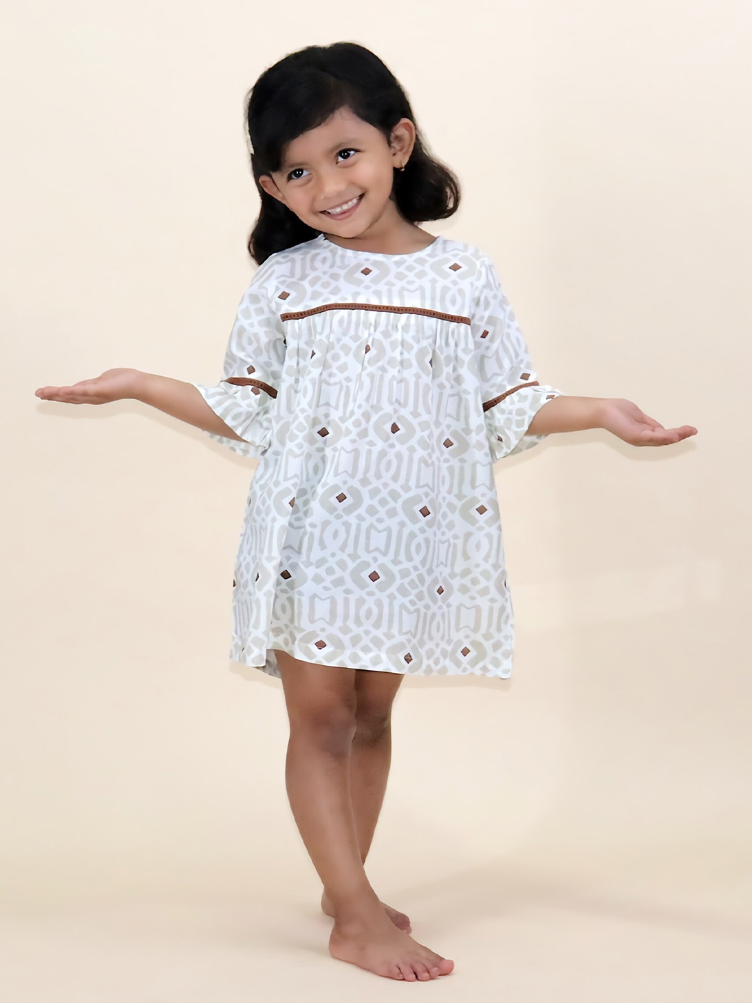 

Little Carrot Girls Printed Ethnic Motifs Dress, Cream