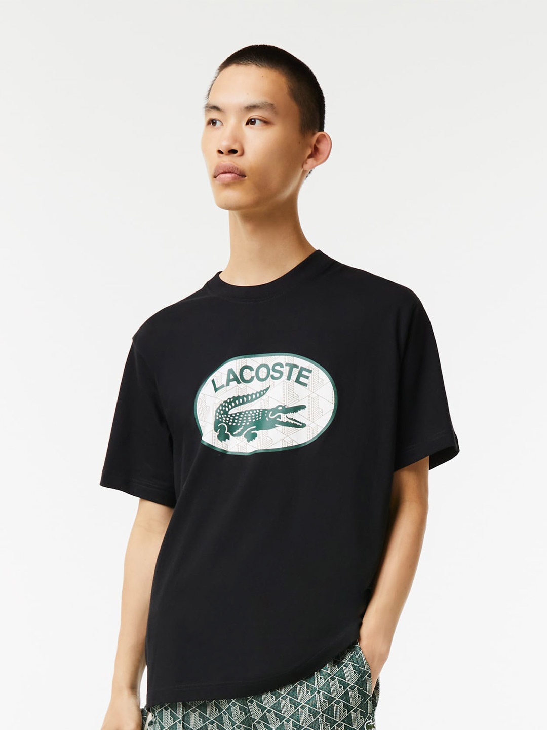 

Lacoste Men Brand Logo Printed Applique Cotton T-shirt, Black