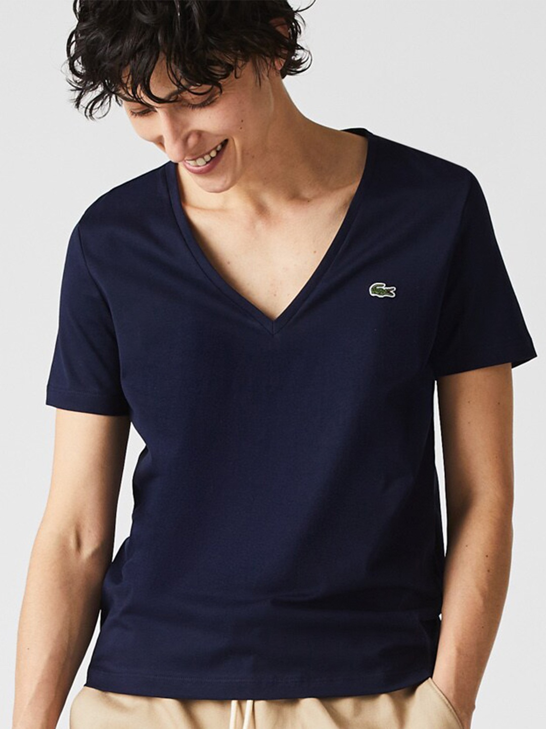 

Lacoste Women Cotton Solid V-Neck T-shirt, Navy blue